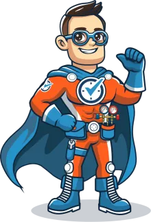Captain Right Away — CCS HVAC mascot in orange suit and blue cape