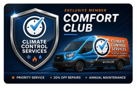 Climate Control Services Comfort Club exclusive member card with the CCS shield logo and service van