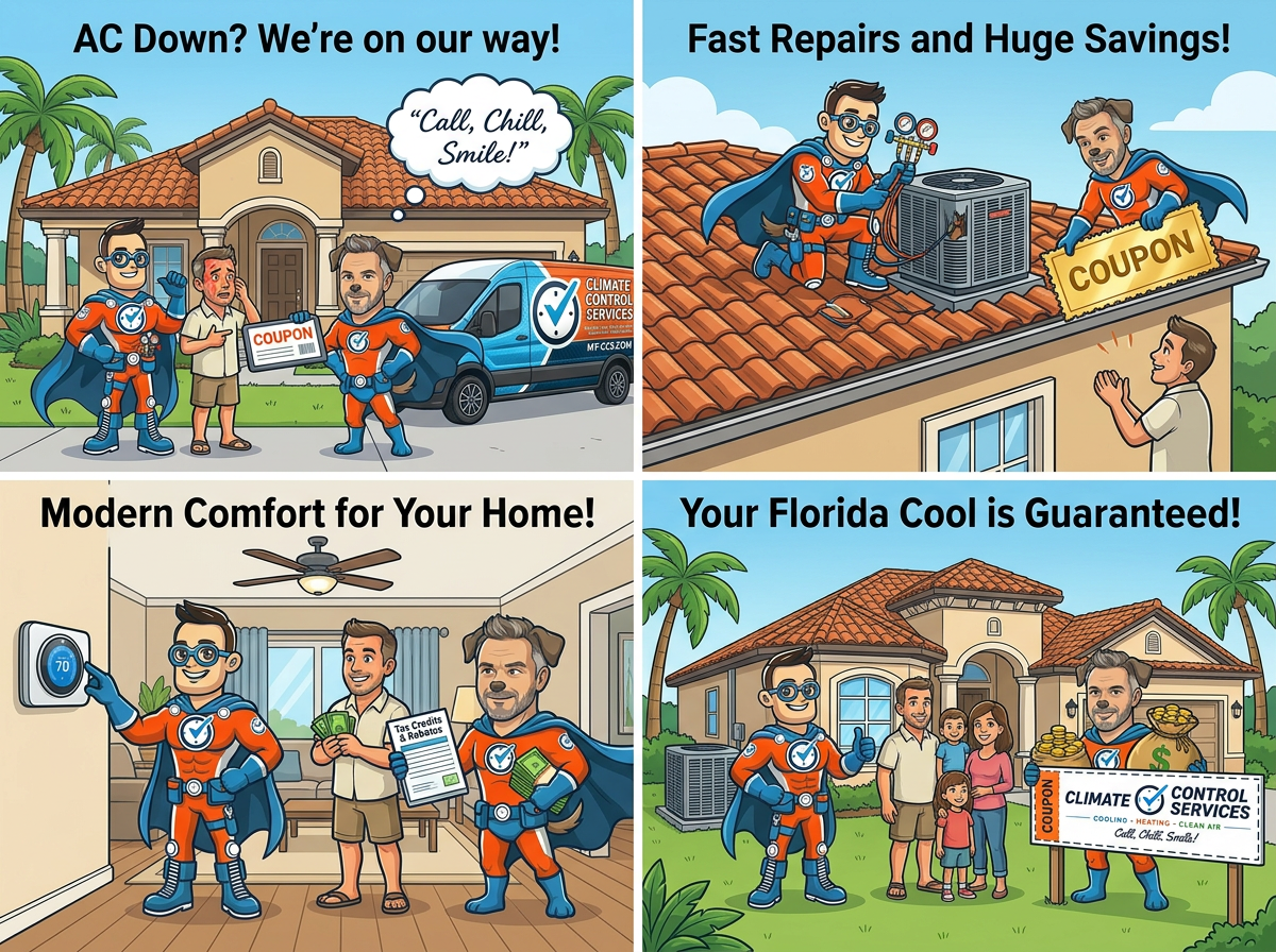 Comic story: Captain Right Away and Captain Coupon respond to an AC outage — arriving with the CCS van, repairing the rooftop unit, setting the thermostat, and guaranteeing Florida cool