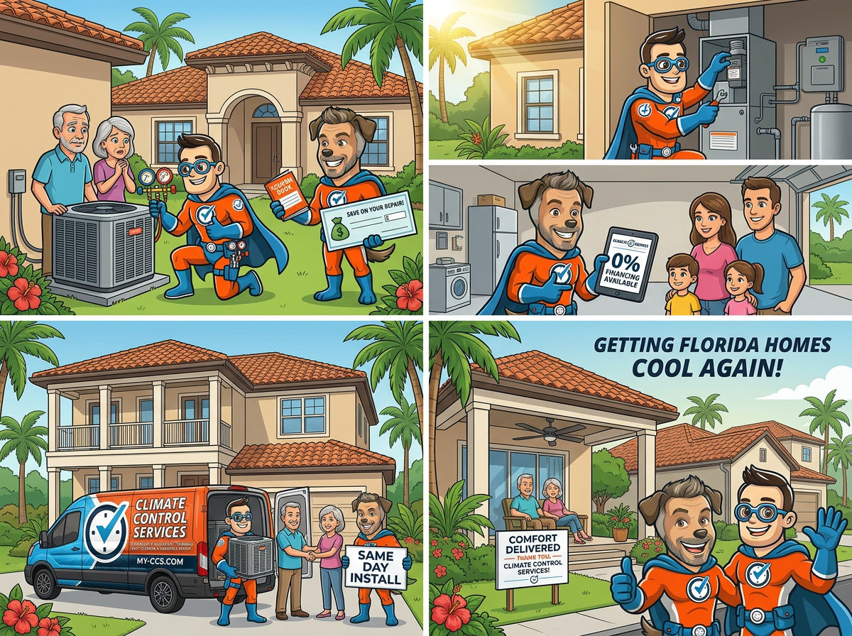Comic story: CCS team presents 0% financing available with approved credit, delivers a same-day AC installation from the Climate Control Services van, and gets a Florida home cool again