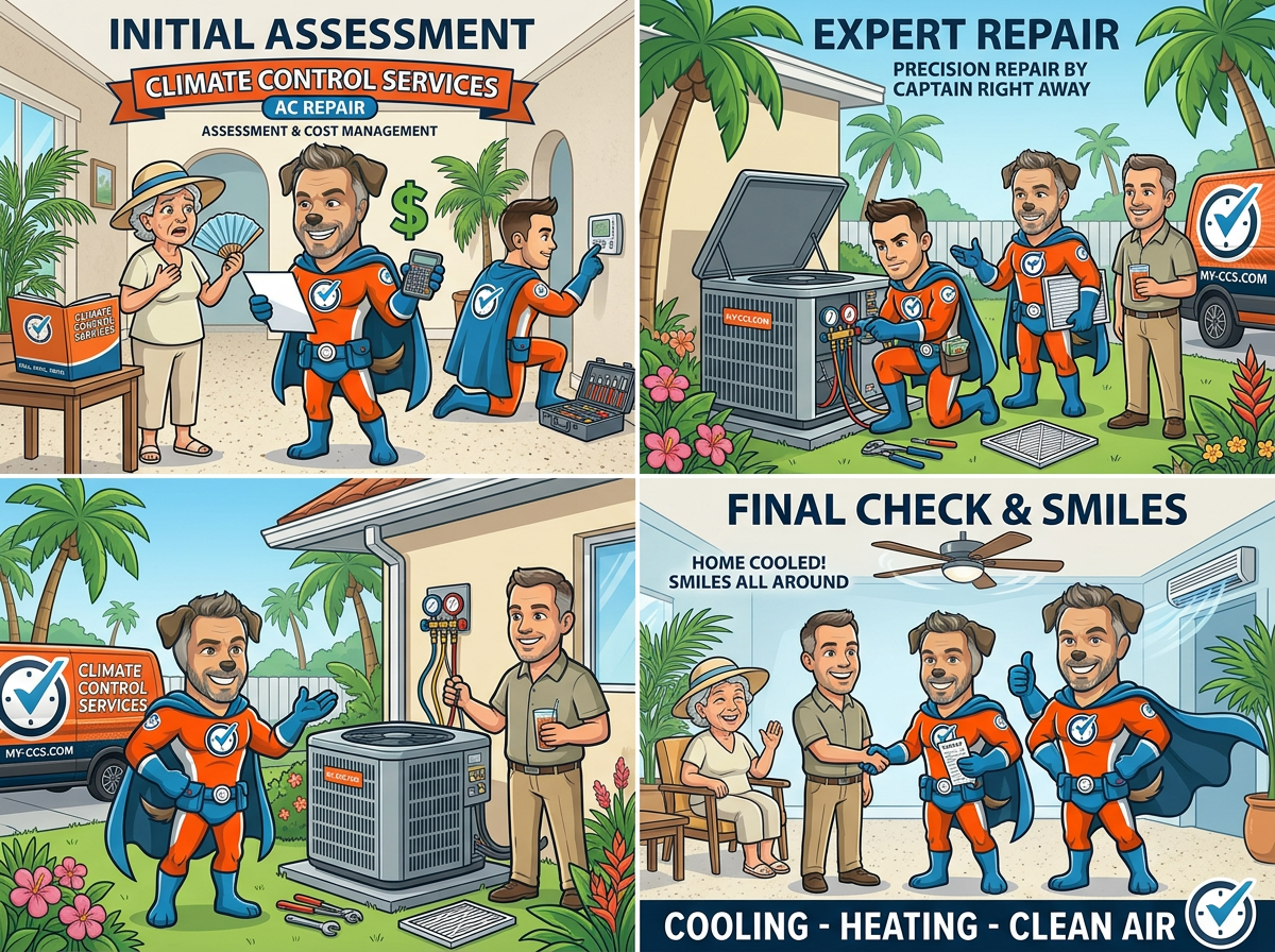 Comic story of a CCS repair visit: initial assessment and cost review with the homeowner, expert repair of the outdoor unit by Captain Right Away and the team, and the final check ending in a cooled home and smiles