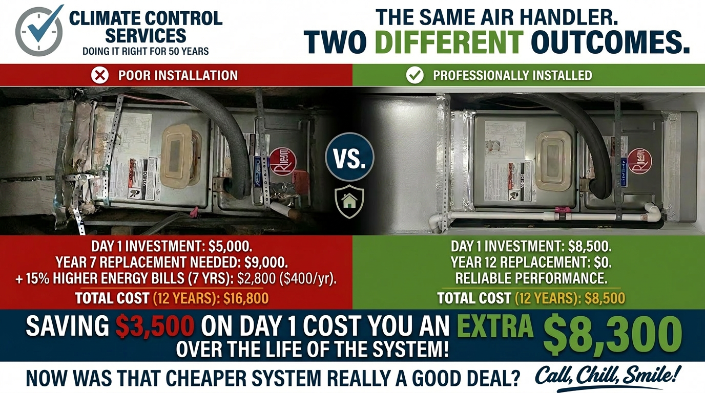 The same air handler, two different outcomes: a poor installation at $5,000 needs a $9,000 replacement by year 7 plus higher energy bills — $16,800 total over 12 years — while a professional Climate Control Services installation at $8,500 runs reliably for $8,500 total. Saving $3,500 on day one costs an extra $8,300 over the life of the system.
