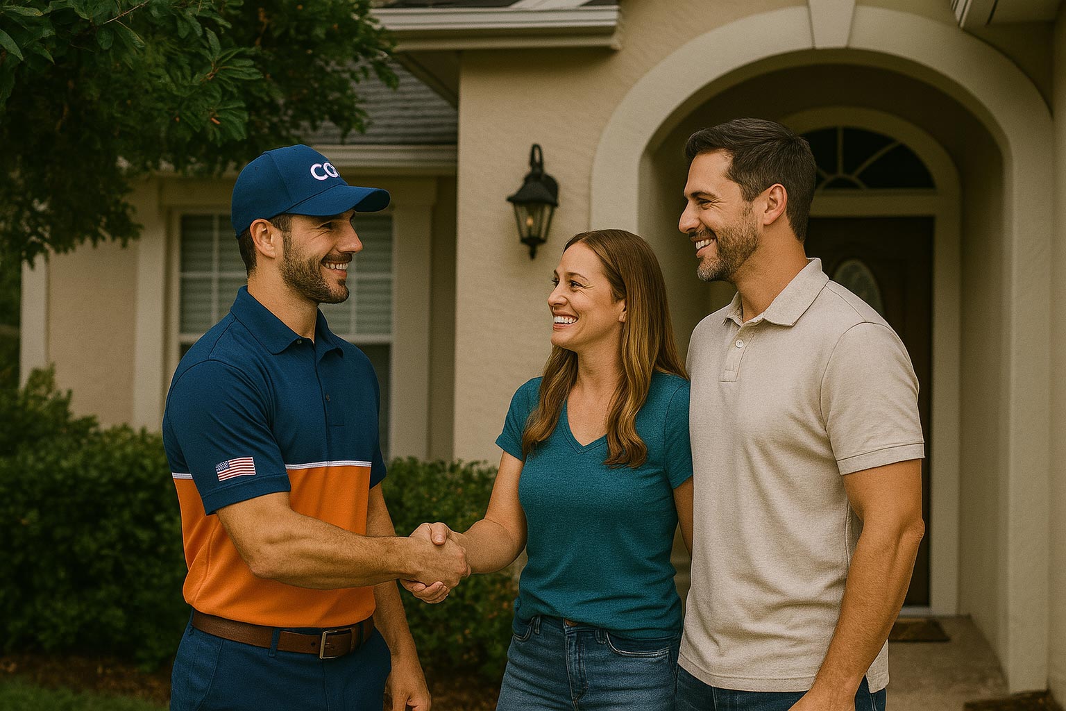 Climate Control Services technician shaking hands with a homeowner